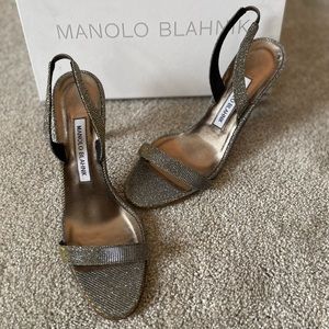 Authentic Manolo Blahnik Minchisli Slingback Sandal SILVER Size 8.5US 38.5EU